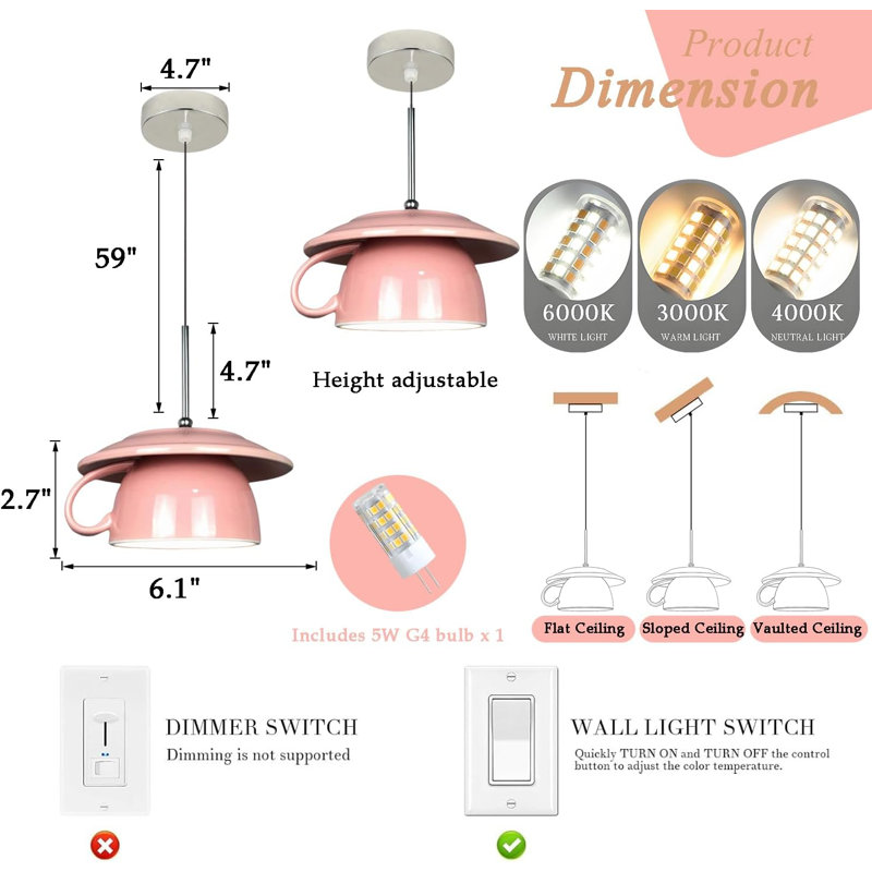 Luminaire suspendu moderne en forme de tasse à café avec abat-jour Nordic Macaron, Pink, Pink