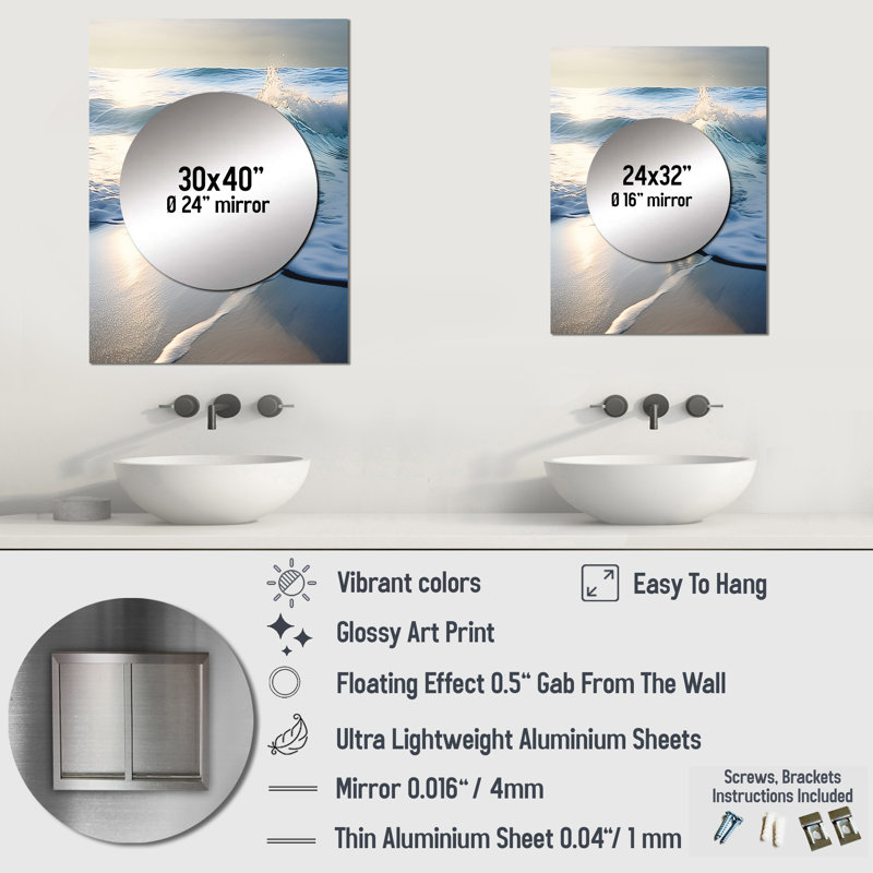 Frediano Beach Wave Scenery Photo I - Waves Unique Wall Mirror, Blue Mirror, Printed Metal Art, 40" x 30"
