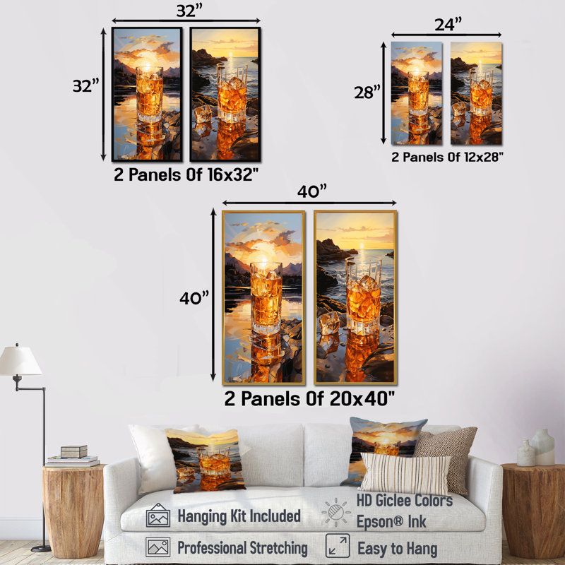 Ensemble de 2 impressions sur toile Whiskey On The Beach Horizon, Cadre flottant doré, H 28 po x l 25 po