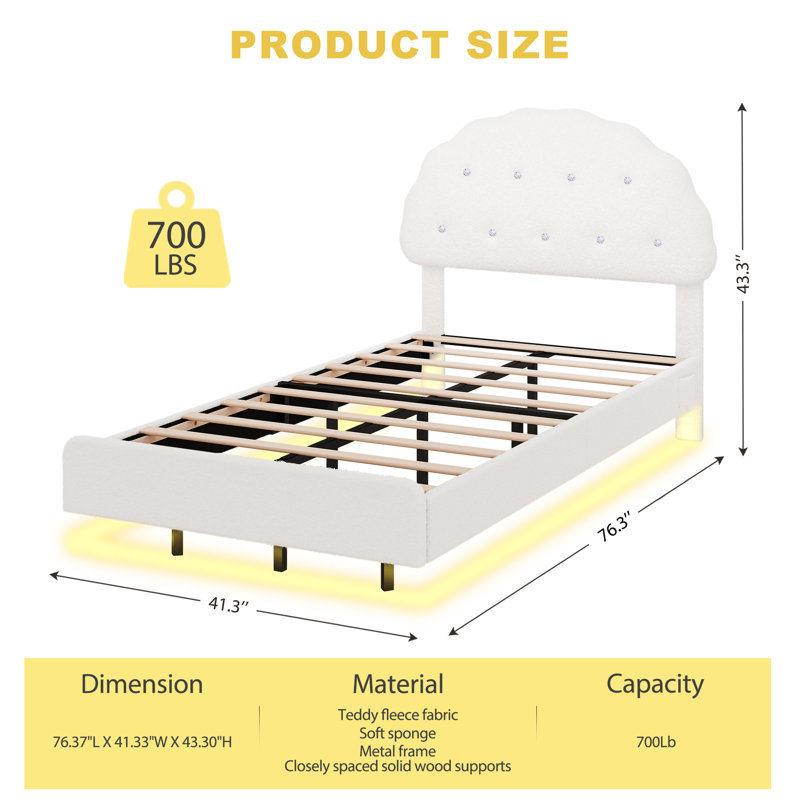 Kids Floating Bed Frame with Adjustable  Headboard and Teddy Fleece Upholstered, Twin, White