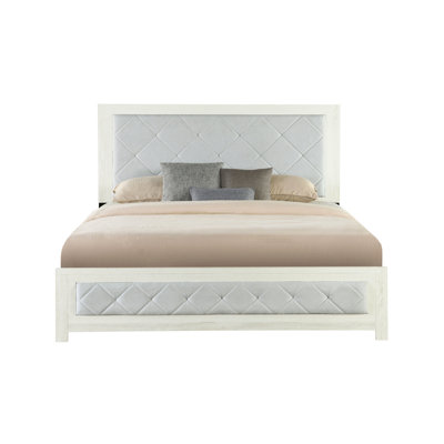 Grand lit de couleur beige avec détails rembourrés, rembourré de tissu d'ameublement et de rembourrage, sommier tapissier requis, 4 lattes et pieds de support, bois d'hévéa, bois de peuplier, mousse de tissu, capacité de poids de 660 lb,