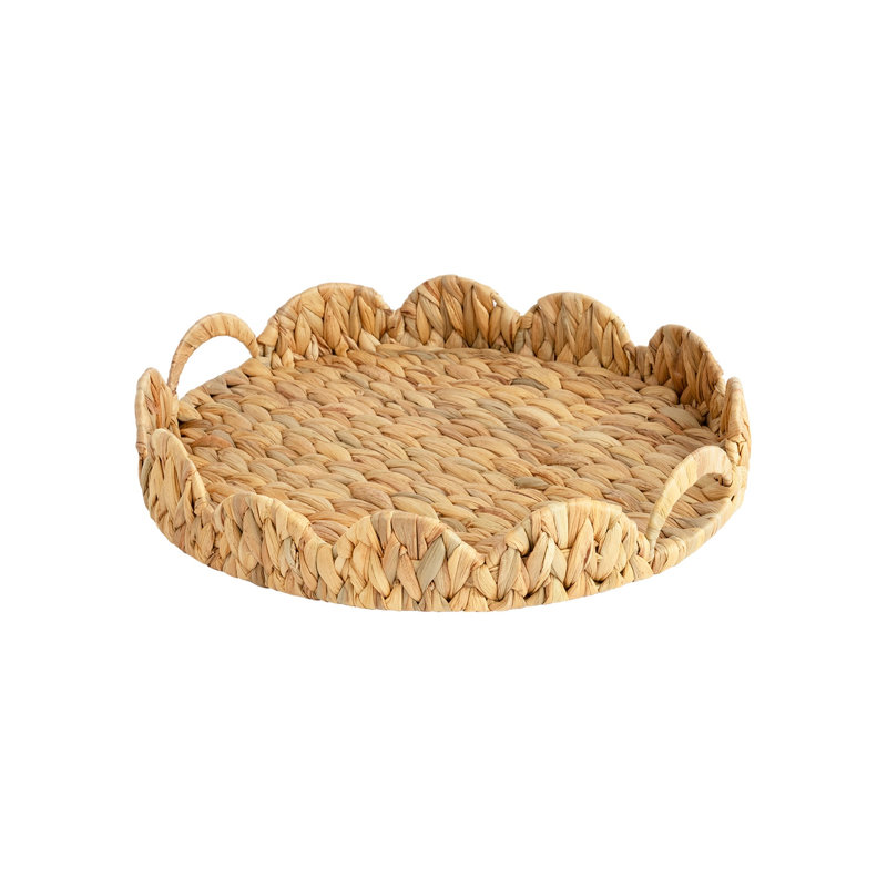 Handwoven Scalloped Wicker Tray with Handles, Water Hyacinth Serving & Decorative Tray, 2.75" H x 13" W x 13" D