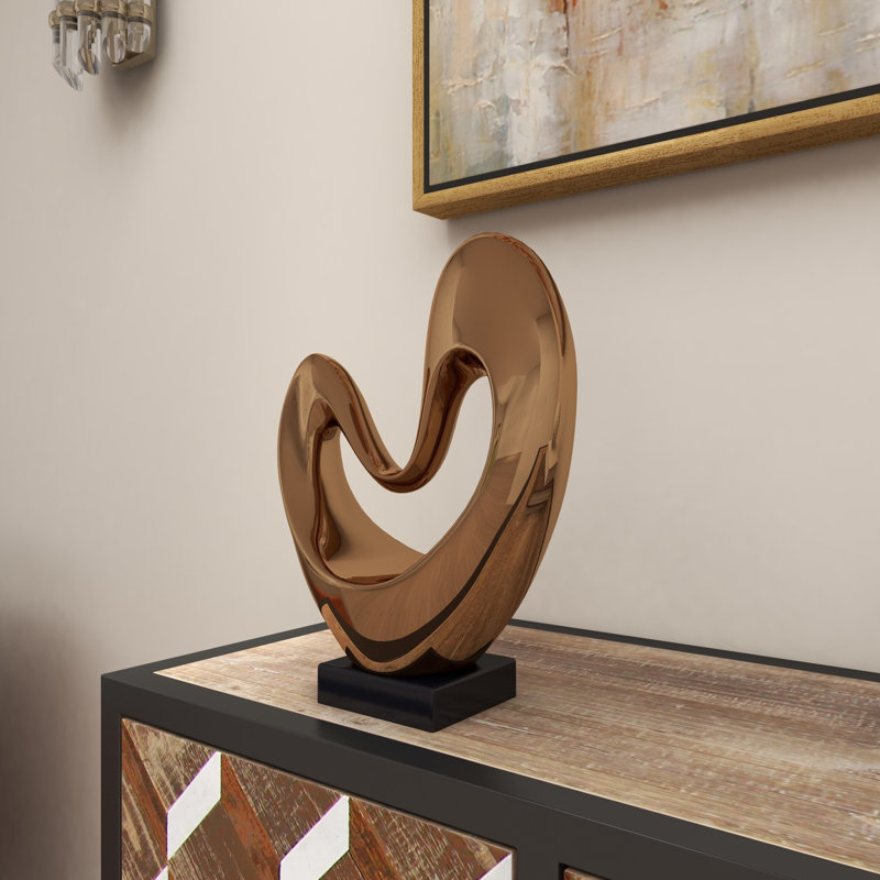 Polystone Heart Abstract Decorative Sculpture with Black Base, Copper