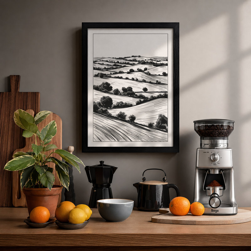 Agricultural Landscape Minimalist - Framed Print, Black, A4 - 29.7 x 21.0 cm