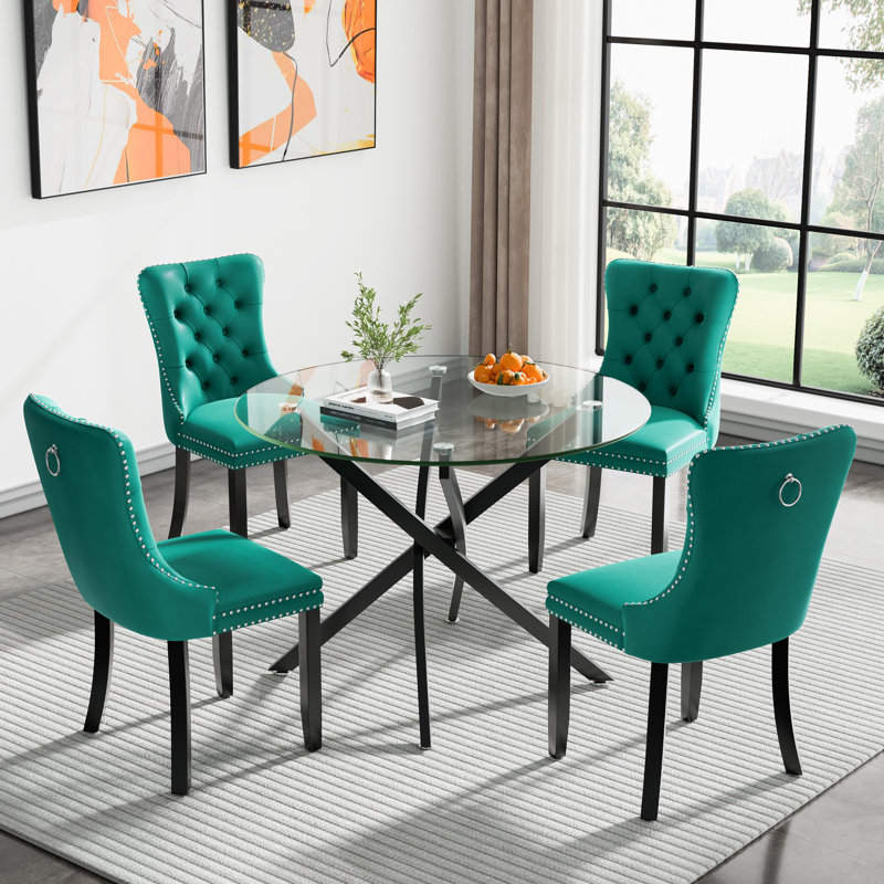 36" Glass Dining Room Table Set for 4, 5-Piece Round Black Dining Table with Metal Legs,  4pcs Velvet Upholstered Chairs with Wood Legs, Glass Kitchen Table and Chairs Set