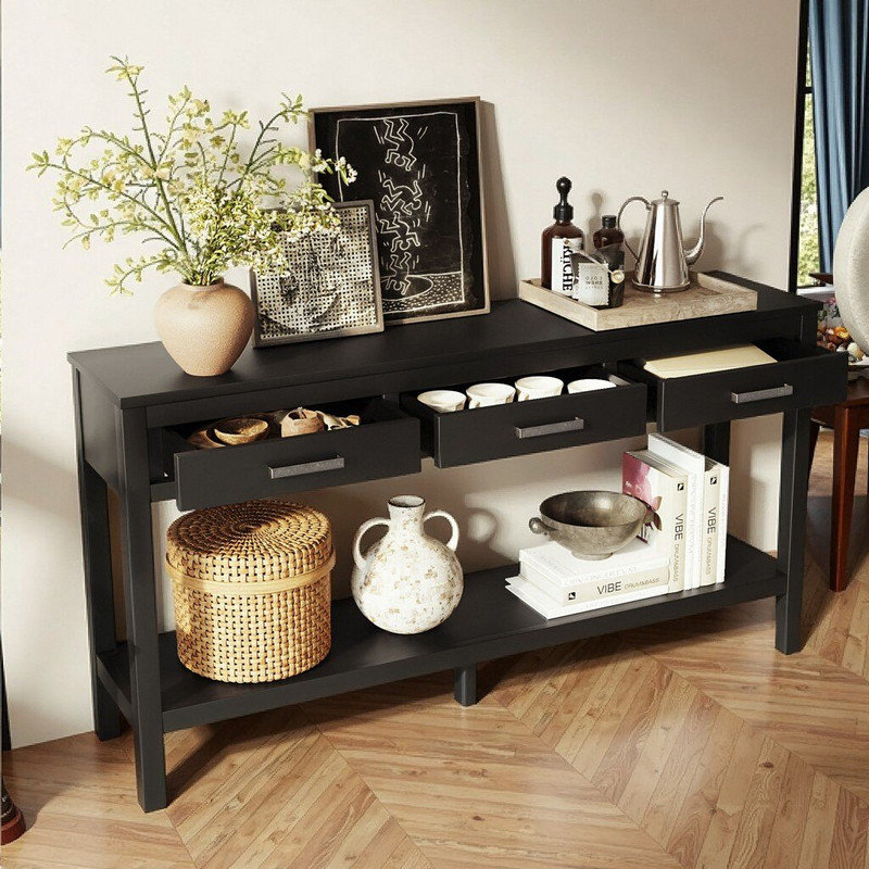 Console d'entrée avec 3 tiroirs et tablette inférieure, pieds réglables, panneau de fibres à densité moyenne, Noir