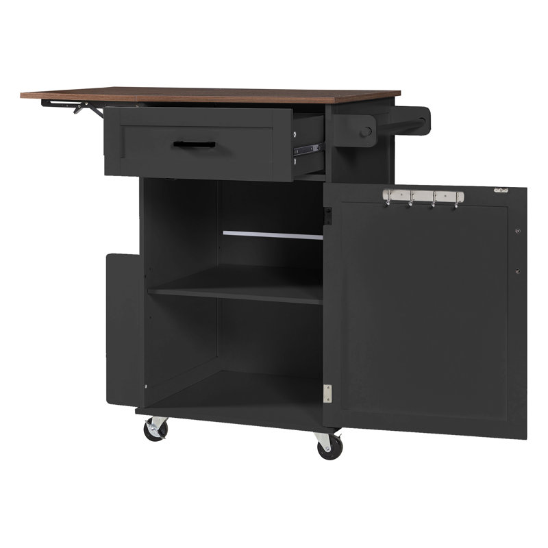 Astra Farmhouse Kitchen Island Cart with Drop Leaf, Storage Cabinet, Open Side Rack and Rolling Wheels, Black
