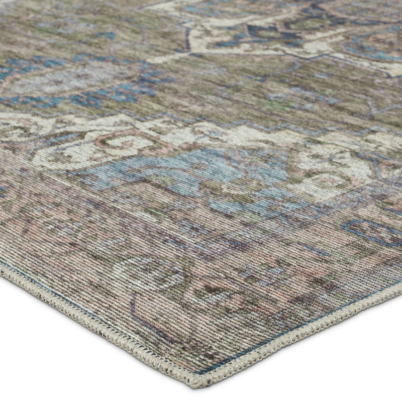 Beesley Machine Washable Green/Blue Rug, Rectangle 7'10" x 10'
