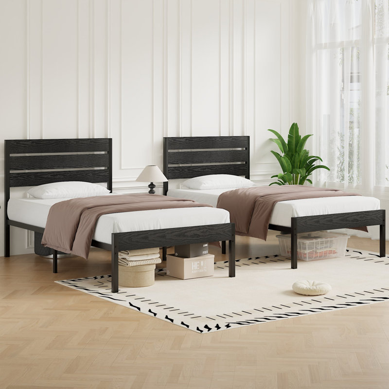 Sakari 2 Set Rustic Farmhouse Bed Frame, 2Pcs Twin Size Metal Platform Bedframe with Wood Headboard, Mattress Foundation with Heavy Duty Metal Slats Support, No Box Spring Needed