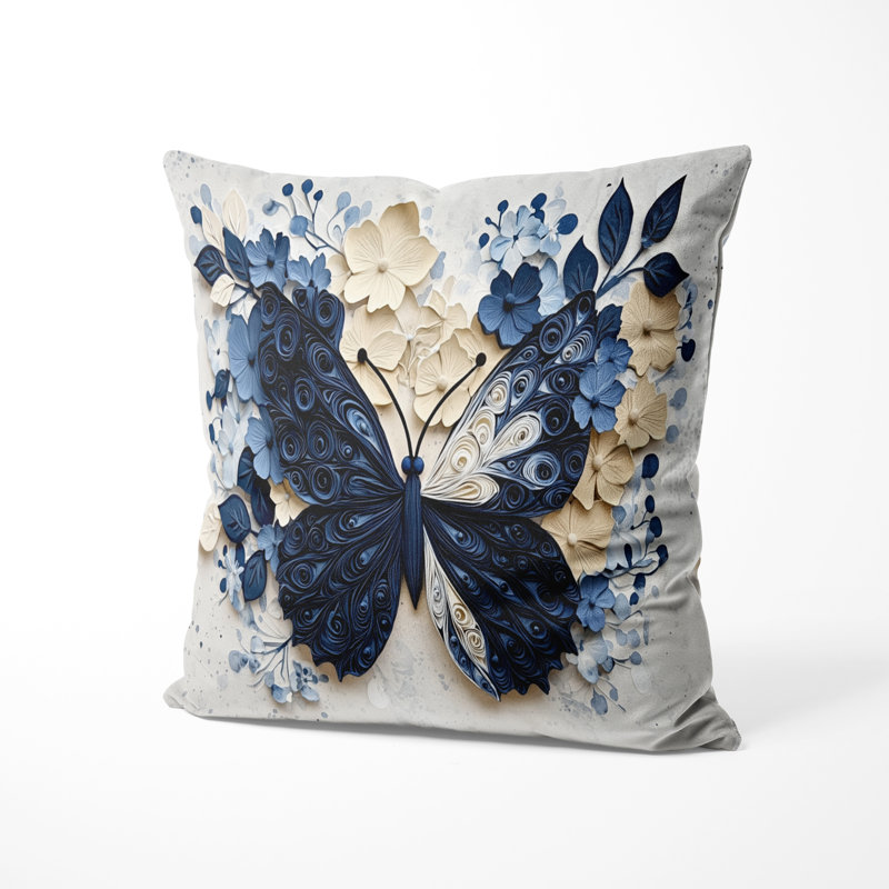 Blue And White Butterfly In Bloom Decorative Accent Pillow - Animals Printed Throw Pillow, 16"H x 16"W