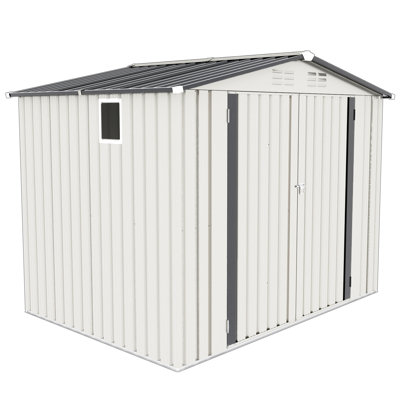 8X6 Ft Metal Outdoor Tool Shed, Pitched Roof, Waterproof, One Window, Two Lockable Doors, White + Gray, For Efficient Storage Of Tools Garden Shed With Suitable Leisure