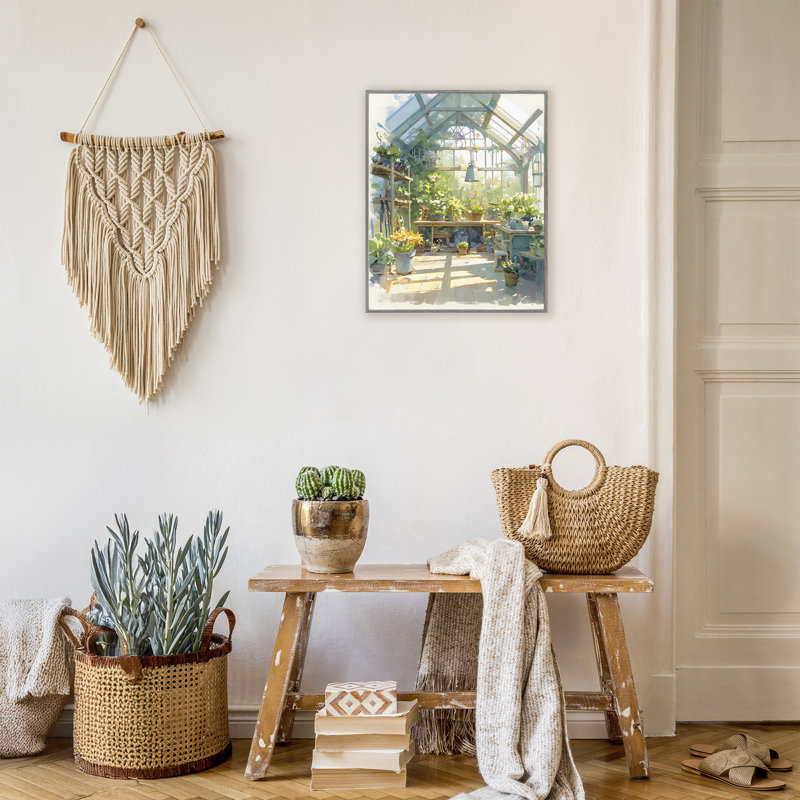«Sunlit Greenhouse Plant Sanctuary», estampe numérique, design by Creative Studio, 14 x 11, Farmhouse Gray Giclee Framed