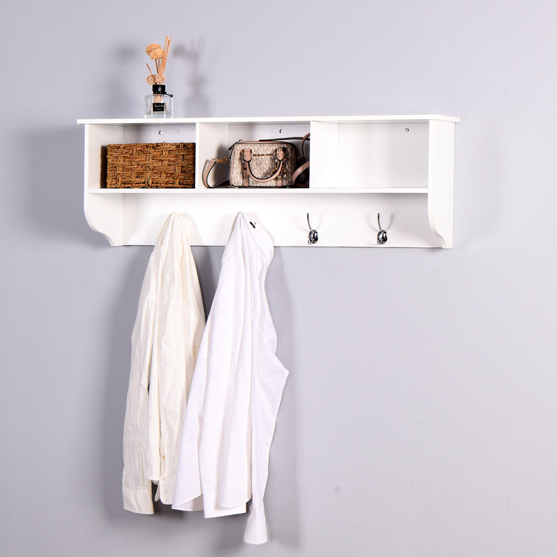 Entryway Wall Mounted Coat Rack With 4 Dual Hooks And Robust Storage Elegant Wooden Shelf, White