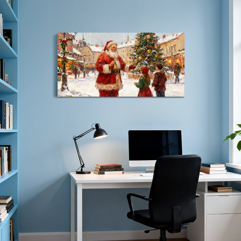 Noël père Noël avec des enfants dans la ville enneigée, H 28 po x l 58 po