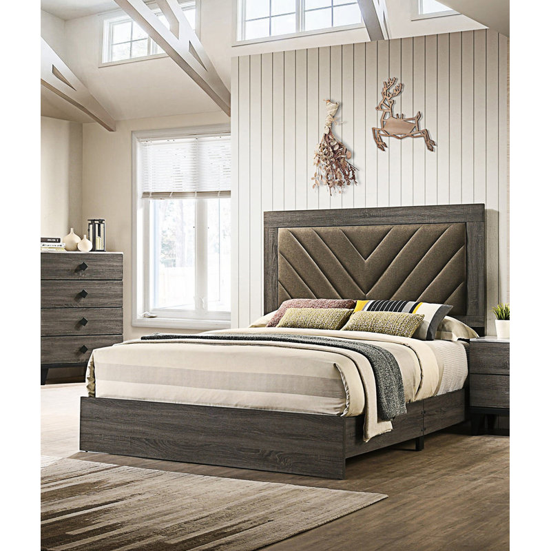 Lit 1 place grand contemporain avec tête de lit tapissier Contemporary, gris