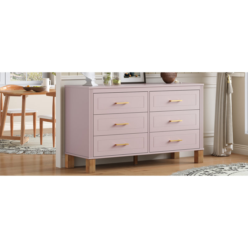 Commode double 6 tiroirs, armoire de rangement moderne avec poignées en métal et pieds en bois massif, Pink