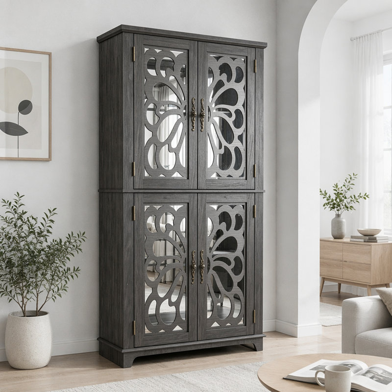 Buffet durable en panneau de fibres à densité moyenne brun foncé avec 4 portes en miroir et tablettes réglables pour un rangement polyvalent