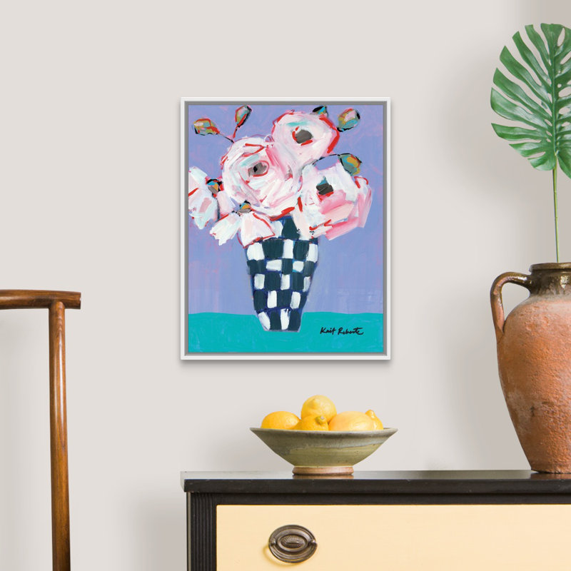 «Bouquet on Cornflower and Jade» par Kait Roberts - reproduction d'art sur toile, Cadre blanc, H 22 po x l 18 po x P 1,75 po