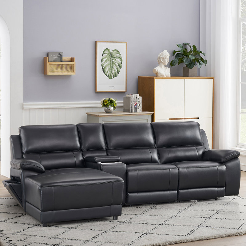 Carrabelle Leather Power Recliner Console,USB Port, Left Hand Facing, Black Genuine Leather