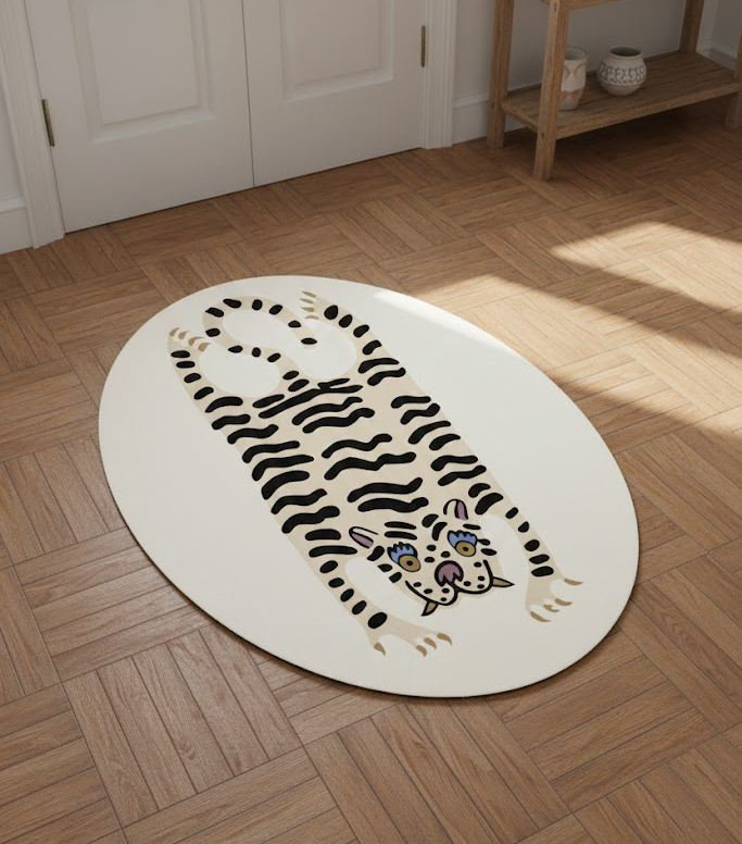 Tapis ovale tigre blanc fantaisiste 100% coton 4 pi x 6 pi lavable à la machine