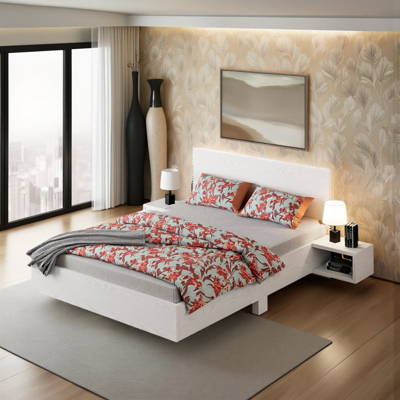 Floating Platform Bed with LED Headboard & Nightstands, Queen Size, White