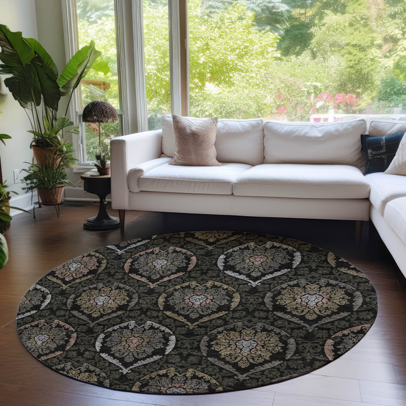Senad Flatweave Washable Damask Indoor / Outdoor Rug, Round 8'