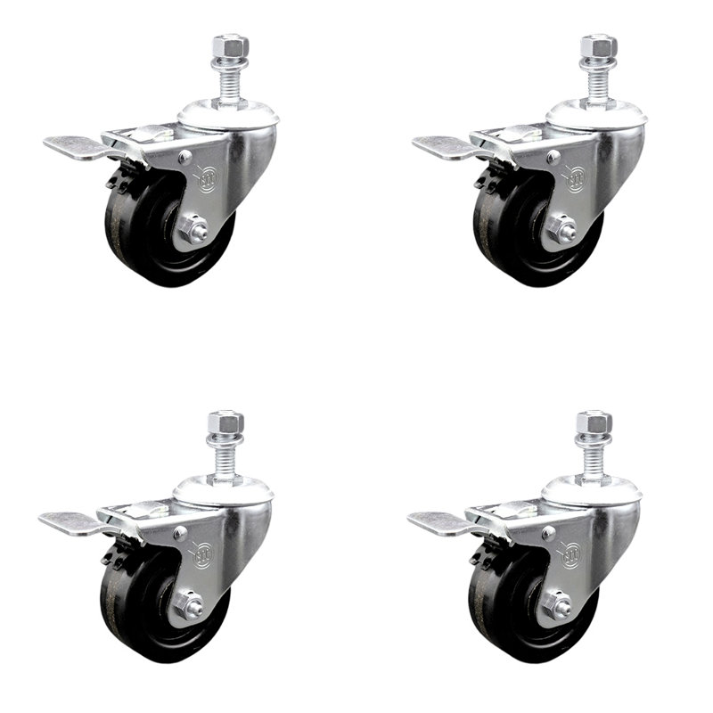 Ensemble de roulettes à tige filetée 3 pouces SS Phenolique pivotant de 10 mm à verrouillage total SCC