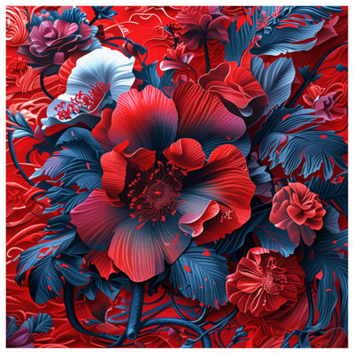 Tapisserie murale composition florale rouge bleu