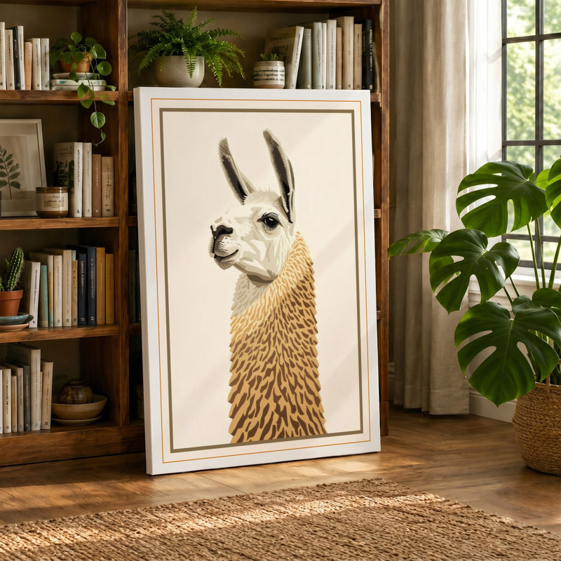 Llama in Profile Japandi - Wrapped Canvas, 18x12 - 45.7 x 30.5 cm, Terracotta Border