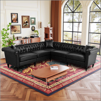 L Shaped Reversible Sectional Sofa, Modern Chesterfield Design With Rolled Arms And Nailhead Trim, 5 Seat Tufted Couch For Small Or Large Living Spaces, PU Leather