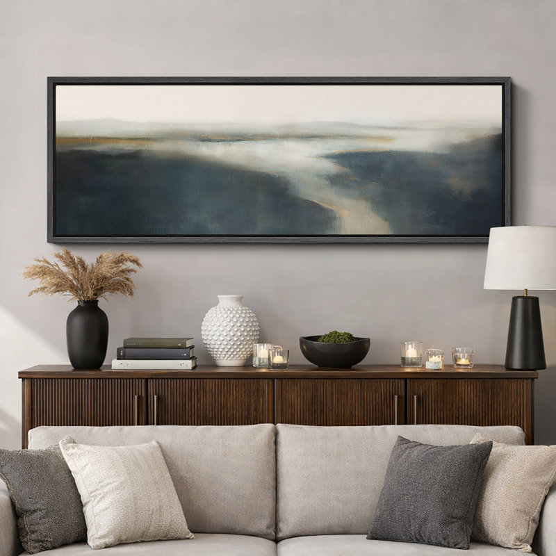 Minimal paysage horizon brume abstraite paysage brumeux, H 20 po x l 60 po, Noir