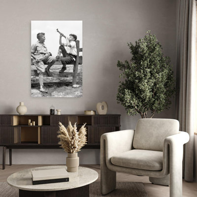 1930S Two Boys Sitting On Split Rail Fence Wearing Knickers High Top Sneakers Practicing Playing Bugle Horns Classic Retro Vintage Wall Art