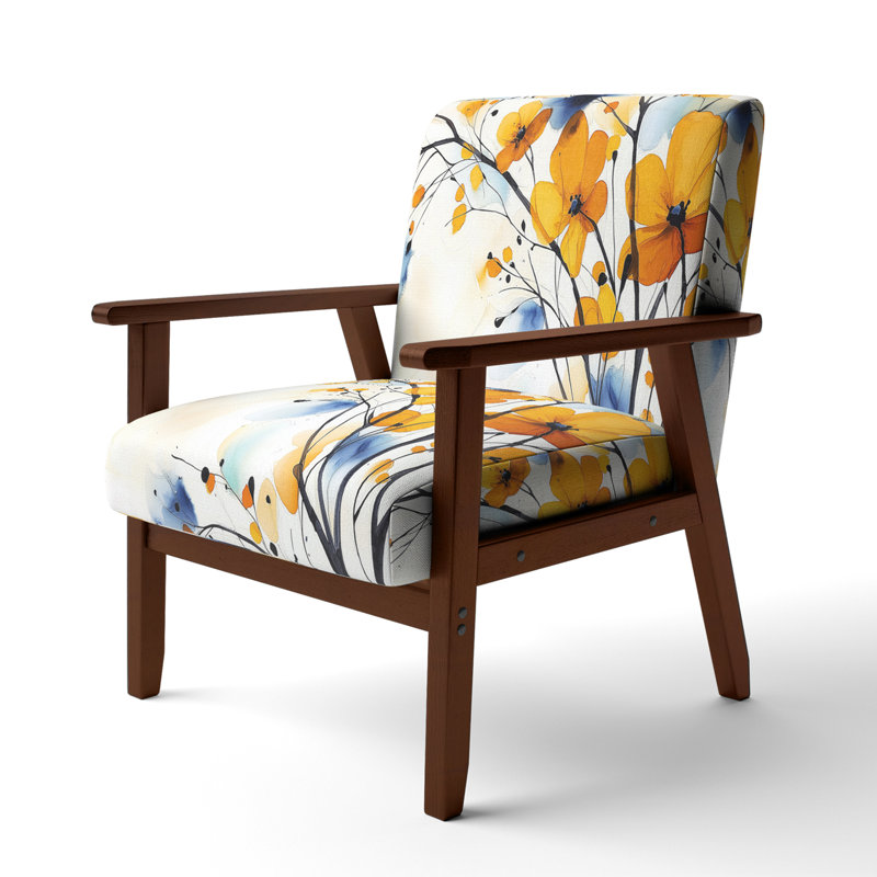 Geidel - Abstract Flowers - Upholstered Traditional Accent Arm Chair, Yellow Polyester, Brown Square Arms