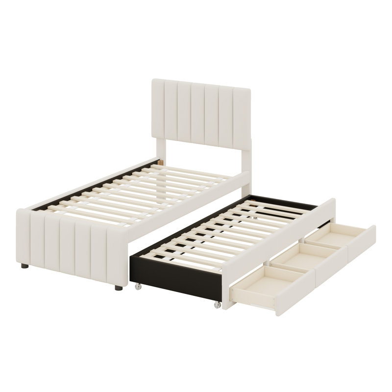 Structure de lit tapissier en lin avec lit gigogne et tiroirs de rangement, Beige