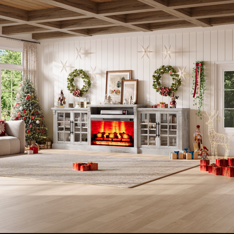 Meuble télé de style ferme avec foyer, 246 cm de large, pour téléviseurs jusqu'à 224 cm, avec grand espace de rangement, gris pâle