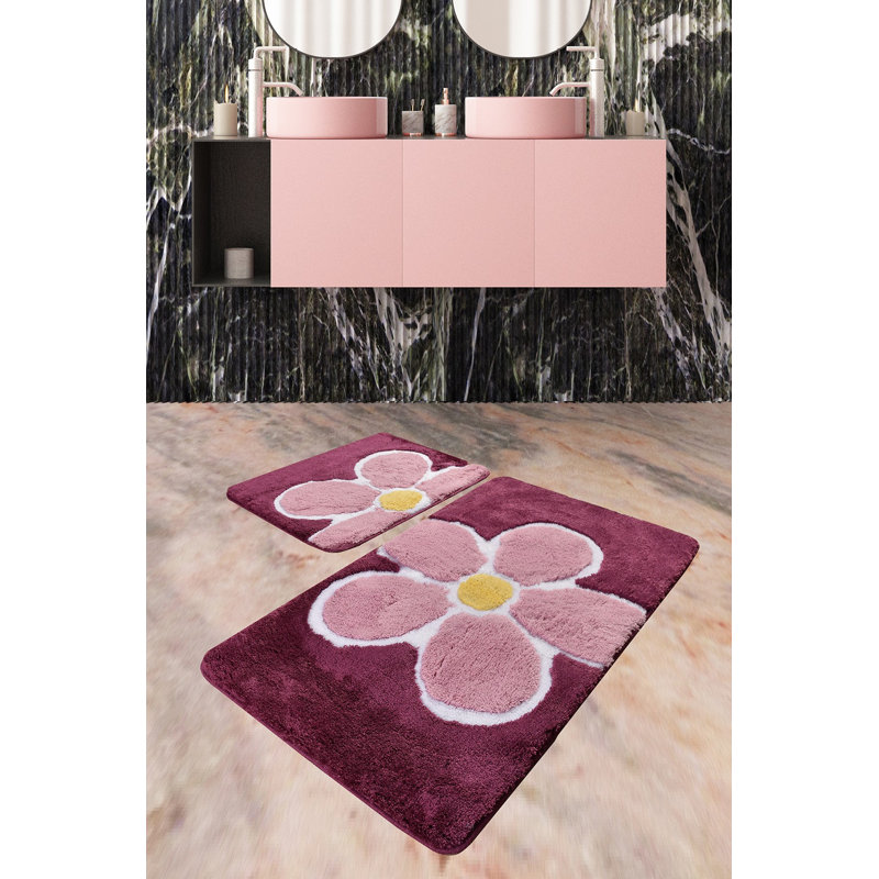 Floral 2 Piece Bath Rug Set, Purple/Pink