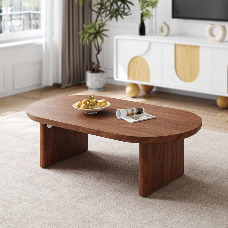 47.2" Oval Walnut Coffee Table, Mid-Century Modern Wooden Coffee Table with Sturdy Base for Living Room