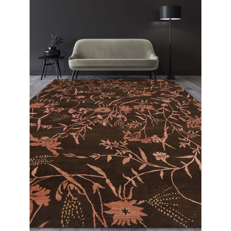 Tapis floral rose / brun en soie noué à la main Floral, Rectangle 6 pi x 9 pi