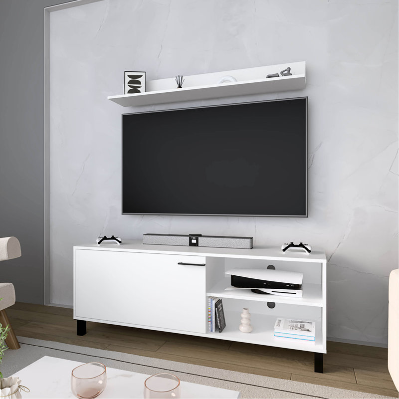 White Coated Tv Stand With Open Storage For Essentials And 1-Door Design Smaller Areas, Arms Smooth Height Change, Particle Board Main Part, 15.8 In Wide