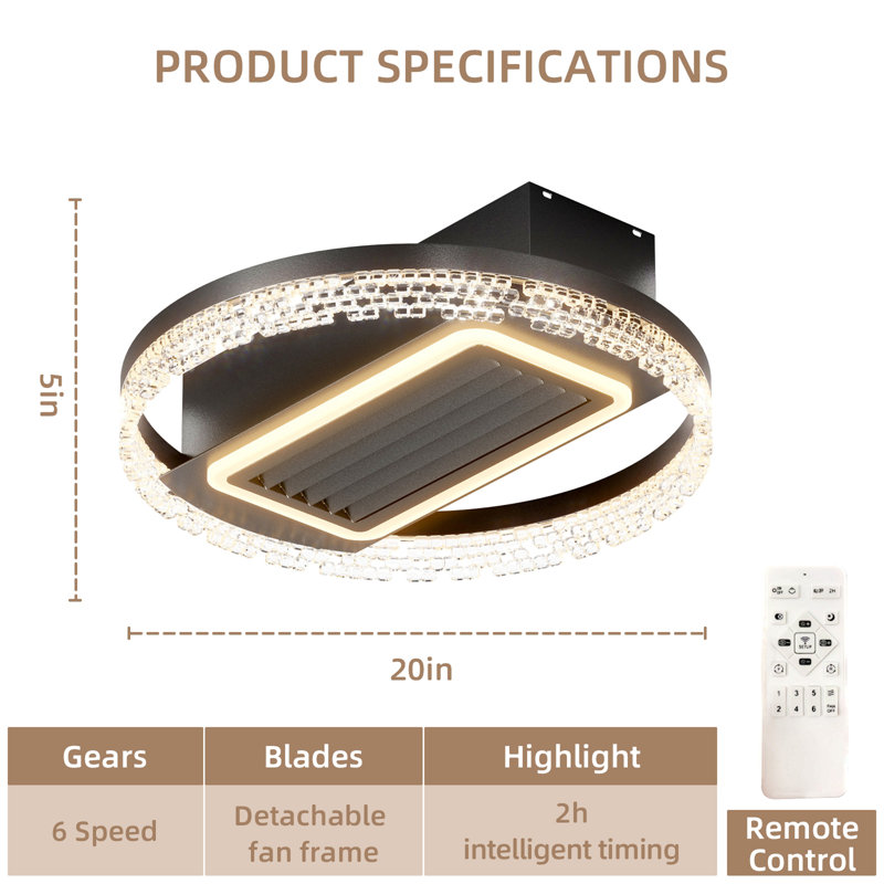 Ventilateur de plafond moderne sans feuille de 20 pouces avec moteur réversible amovible et lavable à télécommande