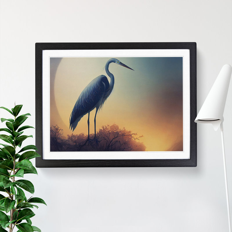 XH1022-1511X Blooming Heron Bird - Single Picture Frame Print, 25cm H x 34cm W x 2cm D, Black