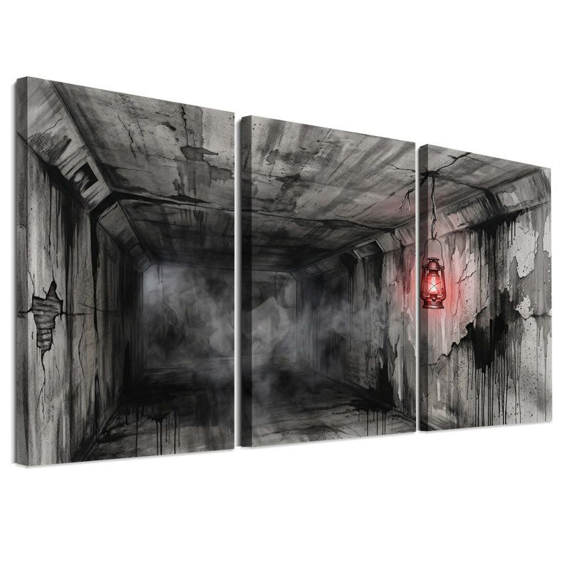 Ensemble de 3 toiles murales représentant une lanterne rouge suspendue dans un tunnel sombre et fissuré, 36"H x 24"W x 3pcs