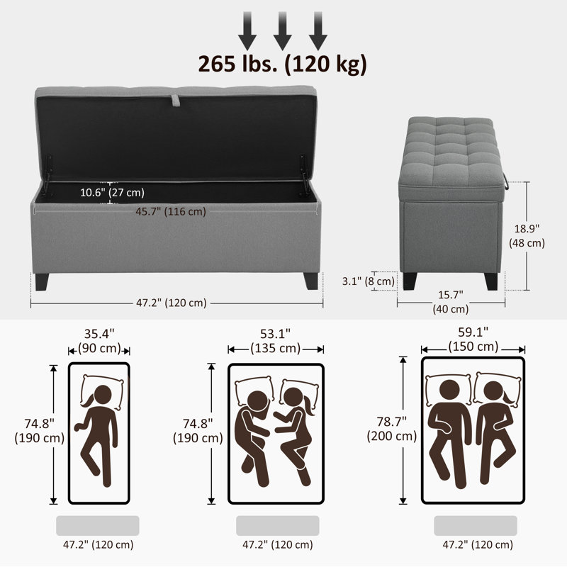 Banc de rangement avec repose-pieds, coffre de rangement en lin 47 pouces, gris foncé, Gris foncé