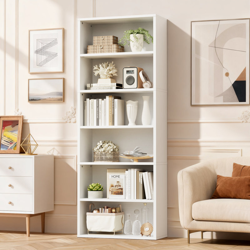 6-Shelf Corner Bookcase,Sturdy Red Storage for Home Office,Living Room, White