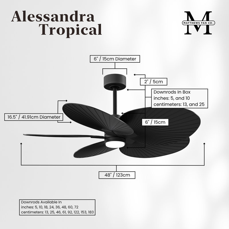 Alessandra Tropical - Five Blade Ceiling Fan - Integrated LED -Matte Black Finish -Light Blue Blades, Matte Black