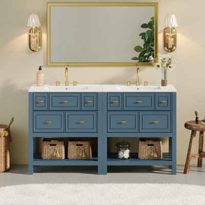 60'' Bathroom Vanity Set with Ceramic Sink (Separate), Free Standing Single Vanity Set with Drawers, Solid Wood Frame Bathroom Storage Cabinet