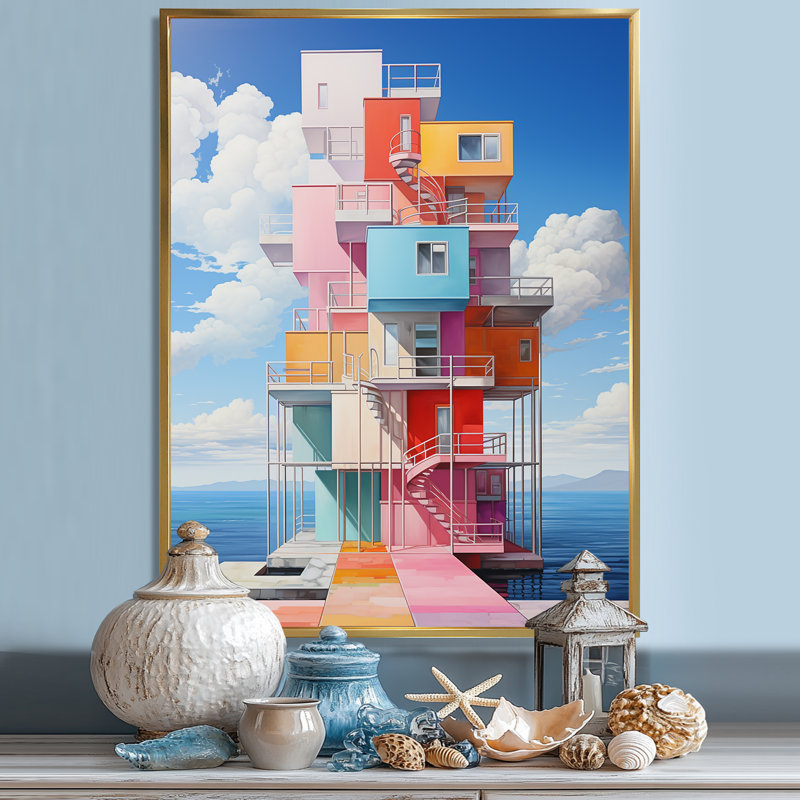 Phare de Stijl Lansdcape II sur toile, H 32 po x l 16 po, Cadre photo blanc