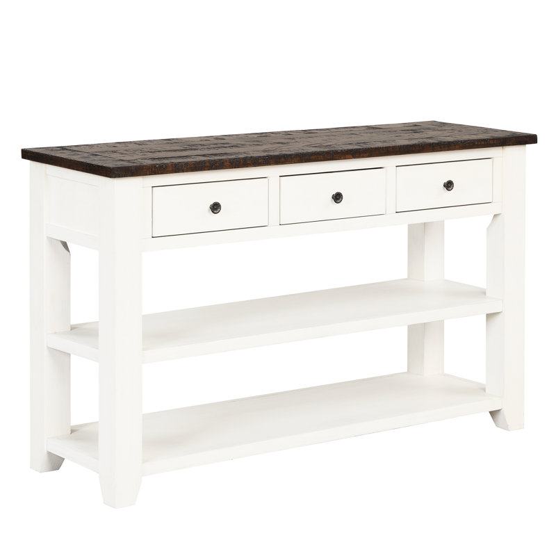 Table console de style vintage américain avec plateau en pin massif de 122 cm (48 po), 3 tiroirs de rangement latéraux, 2 étagères et agencement multifonctionnel. Montage facile. Parfait pour une chambre, un salon ou un couloir.