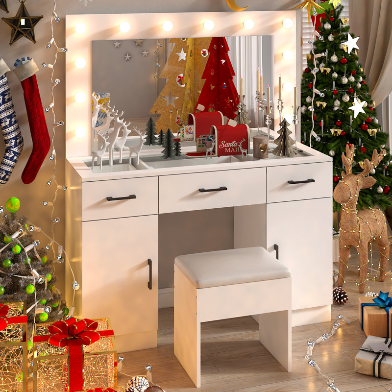 Grand ensemble de coiffeuse avec lumières, USB et prise de courant, 3 tiroirs, Blanc