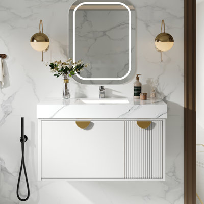 Meuble-lavabo mural moderne l 35,43 po x P 21,65 po avec comptoir en pierre frittée et meuble-lavabo flottant encastré
